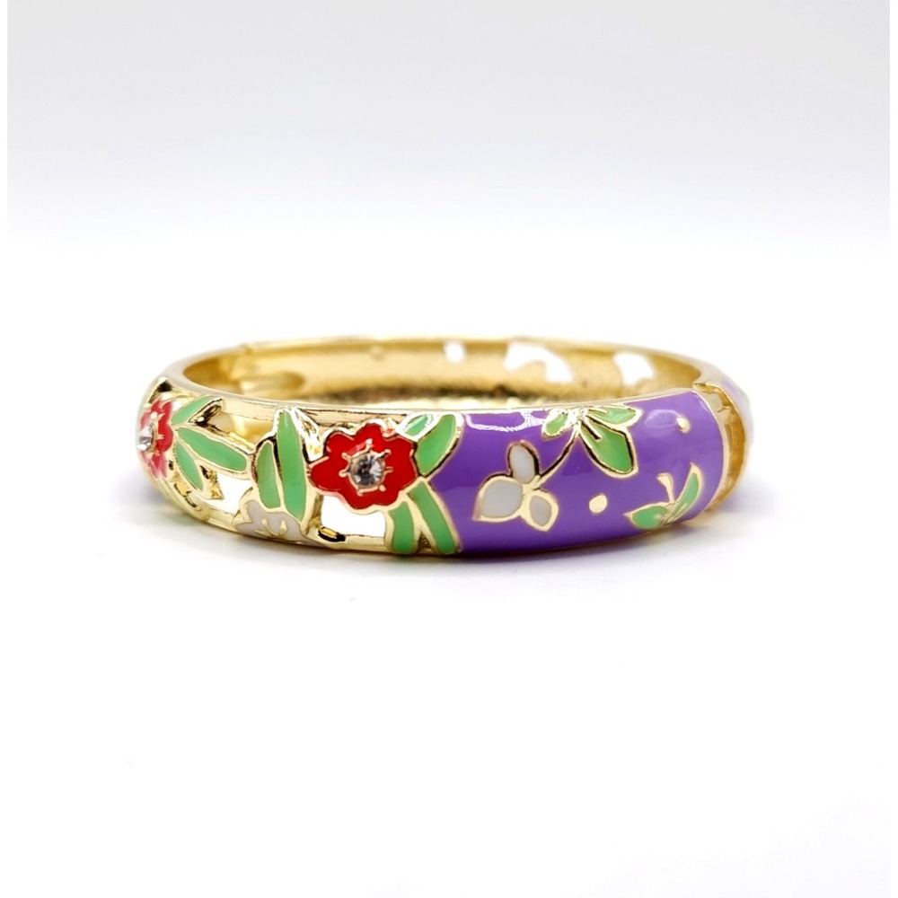 Purple Floral Enamel Bangle Gold Rhinestone Bracelet